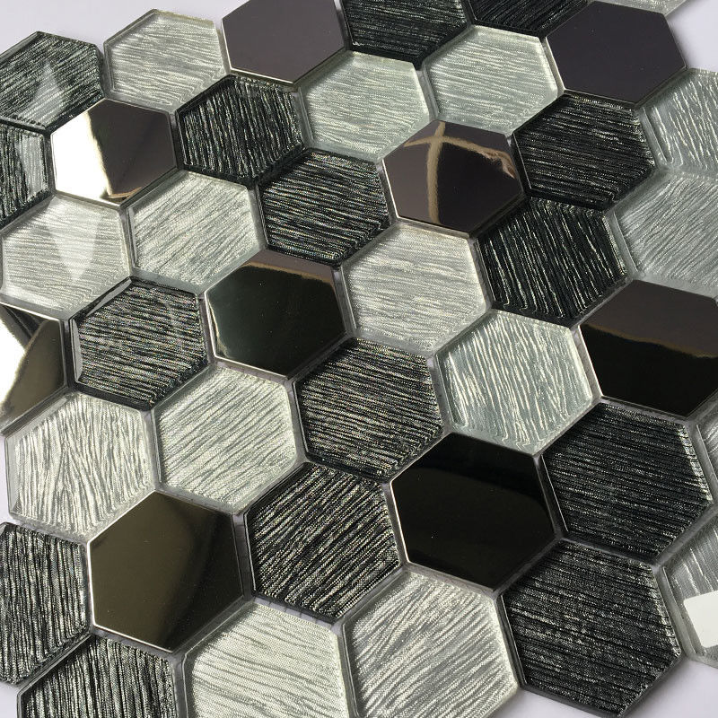 Azulejos de mosaico de vidrio de mosaico hexagonal Azulejos de salpicadero de cocina moderna de elemento metálico